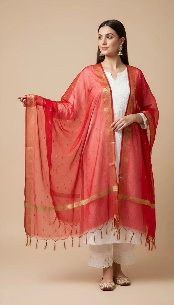 Red Lightweight Cotton Silk Dotted Dupatta | Elegant Everyday Ethnic Drape