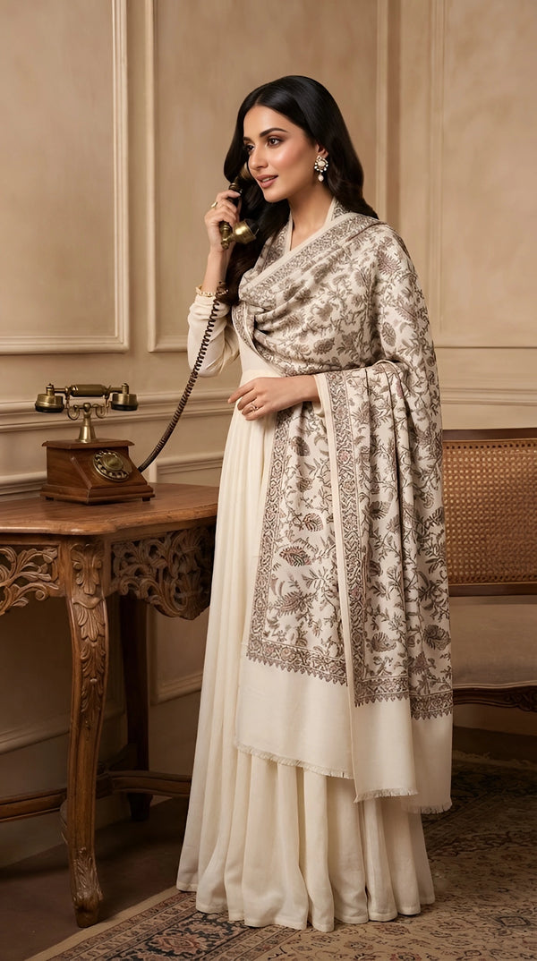 Naqsh-e-Kashmir Inspired Jamawar Floral Paisley Vine Wool Blend White Shawl
