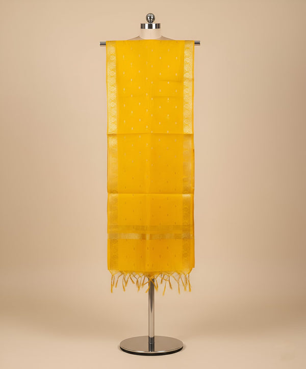 Cotton Silk Mens Dupatta – Yellow with Zari Buta & Border Work