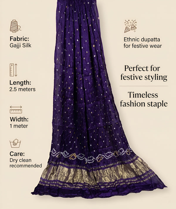 Luxurious Gajji Silk Blue Dupatta with Bandhani Dots & Zari Border