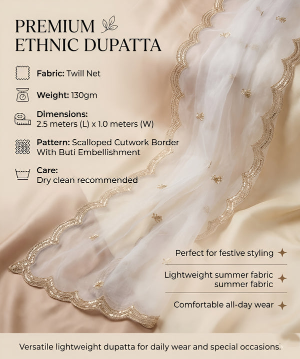 Designer Twill Net Women White Dupatta with 2 Side Scalloped Border & Buti Embellishment