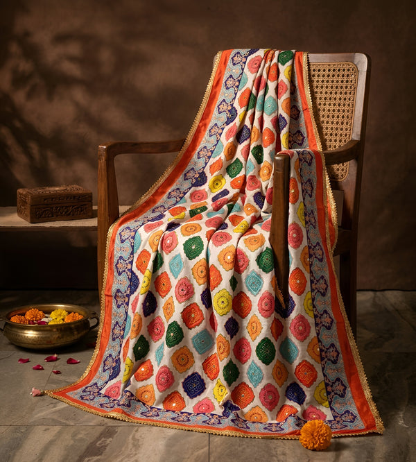 Chinon Floral Mirror Work Women Multicolor Dupatta with Designer Printed Panels & Lace Border