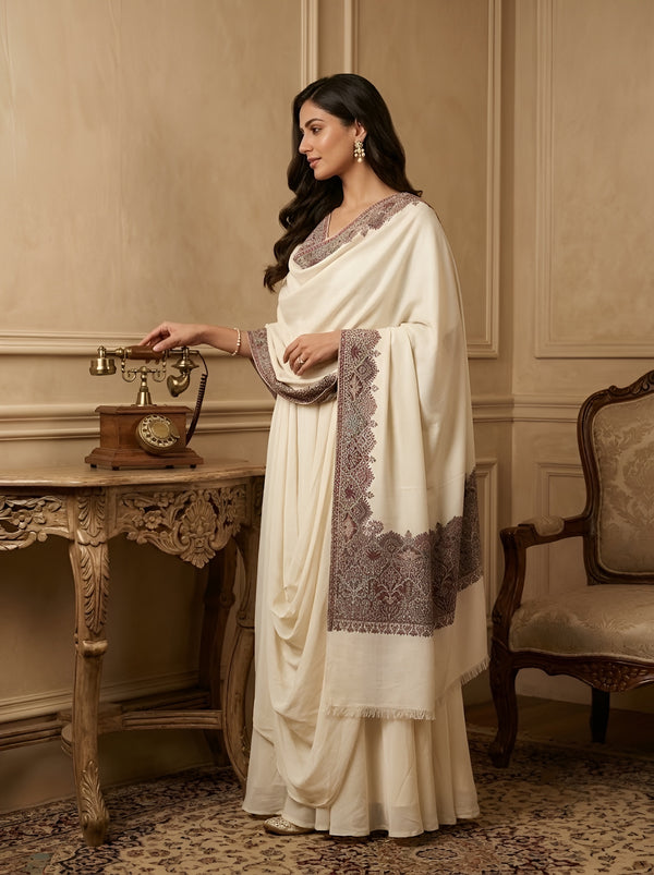 Naqsh-e-Kashmir Woven Kani Jacquard Border White Shawl | Wool Blend