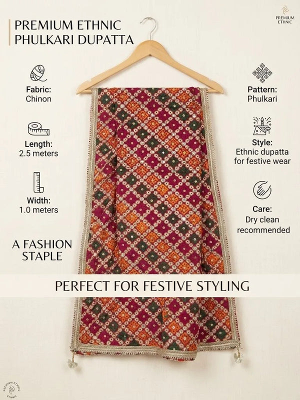Luxe Chinon Women Phulkari Multicolor Dupatta with Mirror Work, Lace Border & Latkan Tassels