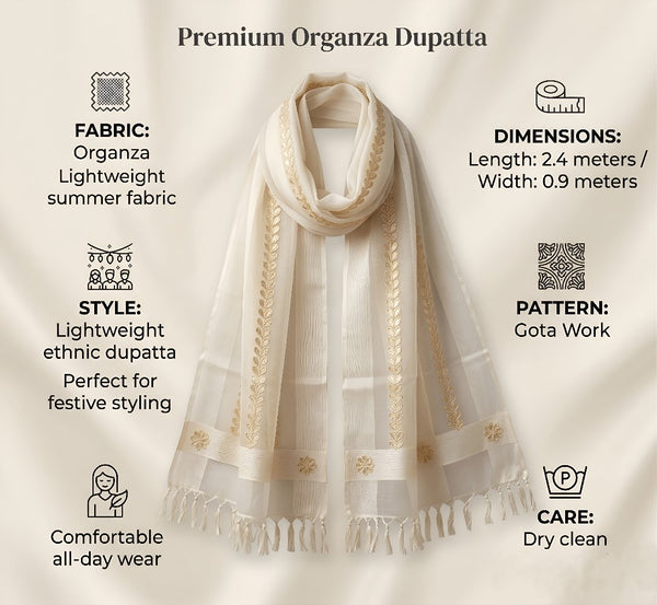 White Organza Dupatta with Gota Patti Work & Tassel Border