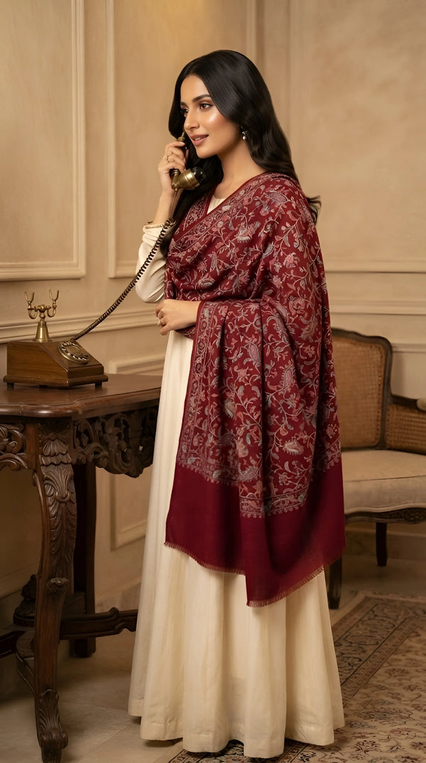 Naqsh-e-Kashmir Inspired Jamawar Floral Paisley Vine Wool Blend Maroon Shawl