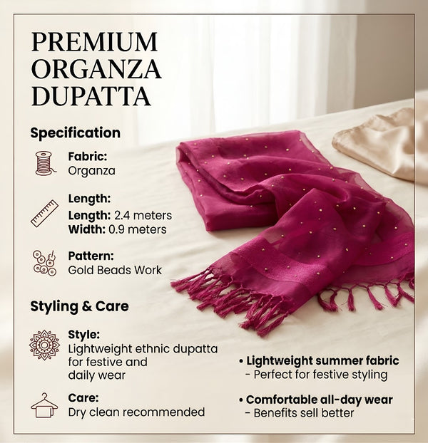Pink Organza Dupatta with Golden Beads Work & Tassel Border