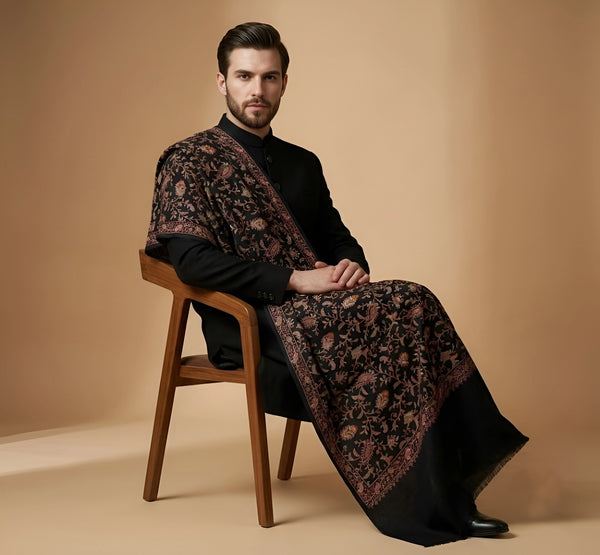 Mir-e-Khas Men's Kashmir-Inspired Jamawar Floral Paisley Vine Blue Shawl