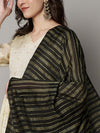 Black & Olive Cotton Dupatta with Subtle Striped Weave and Woven Border (Size: 2.5x1 m Approx)