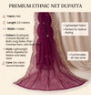 Wine Twill Net Women Dupatta – Scalloped Cutwork Border with Buti Work