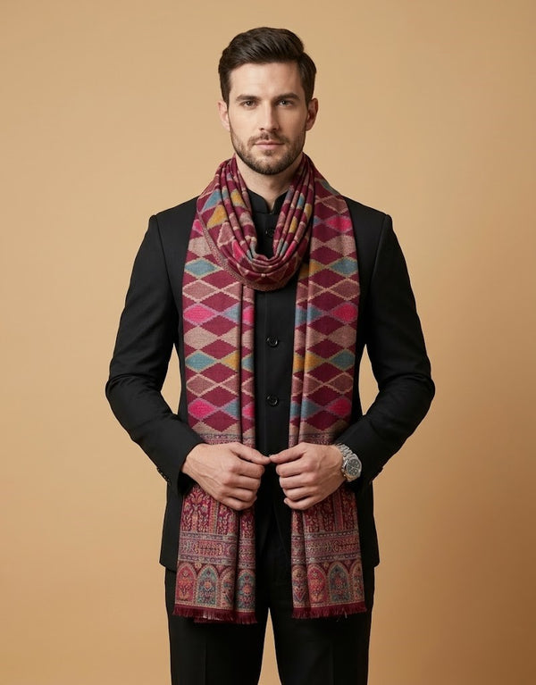 Reserve Mens Wool Blend Multicolor Geometric Diamond Jacquard Wine Stole with Mughal Floral Border