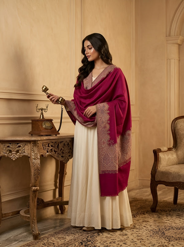 Naqsh-e-Kashmir Woven Kani Jacquard Border Wine Shawl | Wool Blend