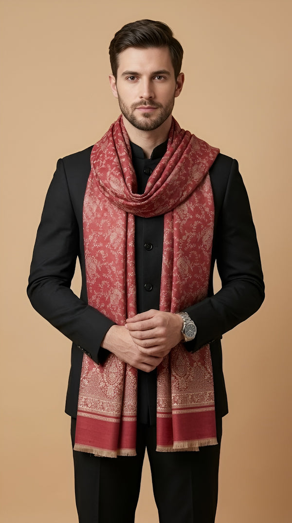 Timeless Mens Wool Blend All-Over Zari Jacquard Floral Trellis Red Stole