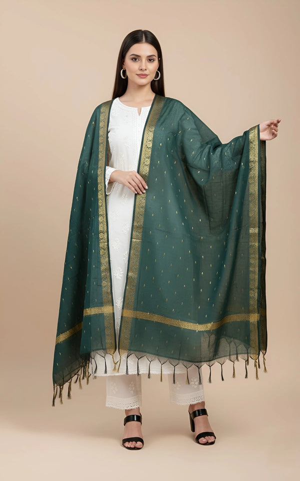 Green Lightweight Cotton Silk Dotted Dupatta | Elegant Everyday Ethnic Drape
