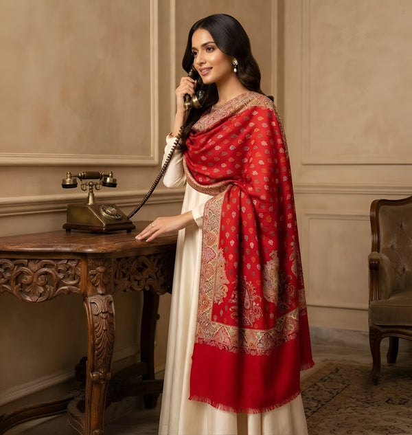 Naqsh-e-Kashmir Kani Woven All-Over Paisley Jacquard Red Shawl