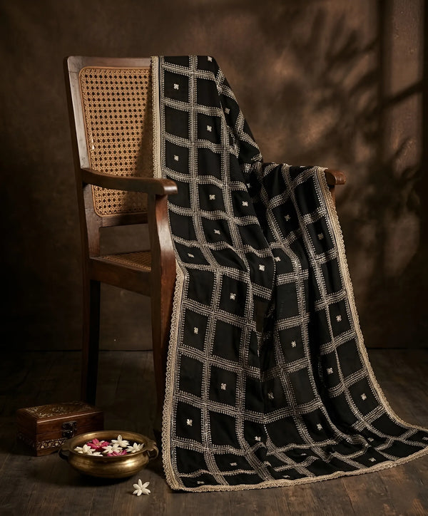 Black Chinon Dupatta with Gold Grid Embellishment (Size: 2.5x1 m Approx)
