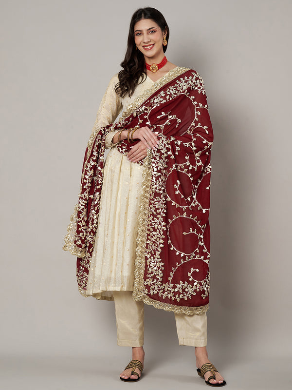 Maroon Georgette Dupatta with Hand Gota Patti Work (Size: 2.5x1 m Approx)