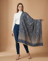 Everyday Wool Blend All-Over Zari Jacquard Woven Floral Trellis Blue Stole