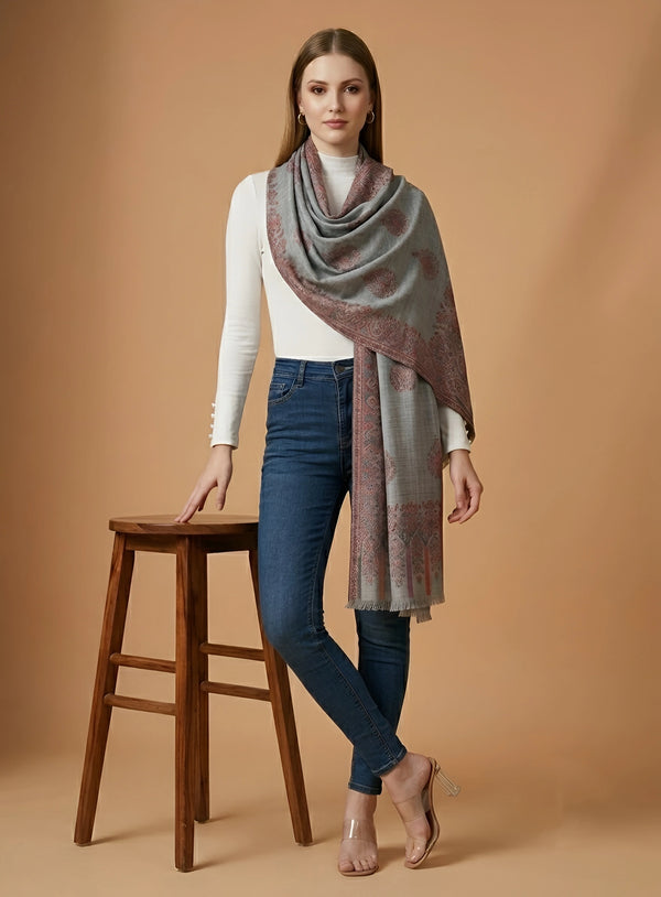 Regal Kani Woven Paisley Border Wool Blend Grey Stole | Kashmiri Inspired