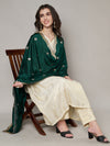 Bottle Green Chiffon Dupatta with Gold Motif Embellishment & Scalloped Border (Size: 2.5x1 m Approx)