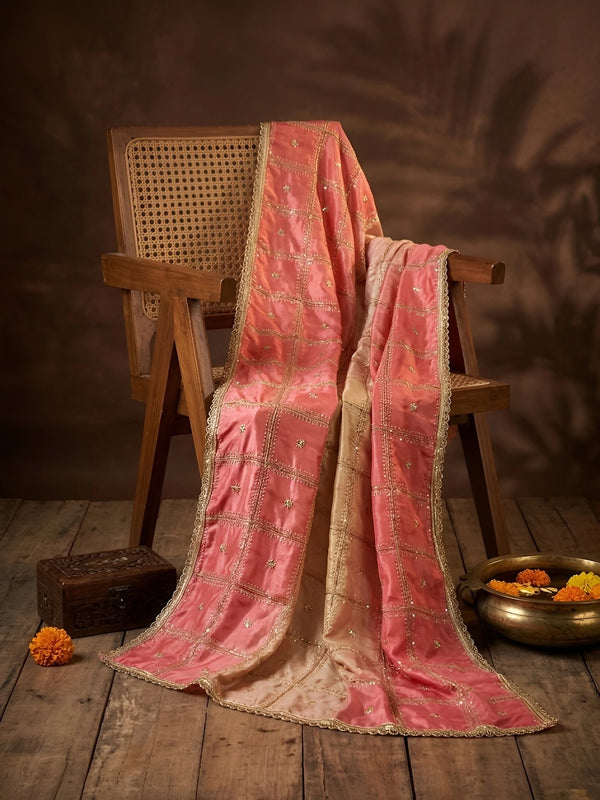 Luxe Chinon Womens Pink Dupatta – Embellished Grid Work with Lace Border