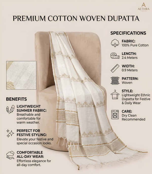 Cotton Cut Work Mens Dupatta – White Gold Tone with Woven Design