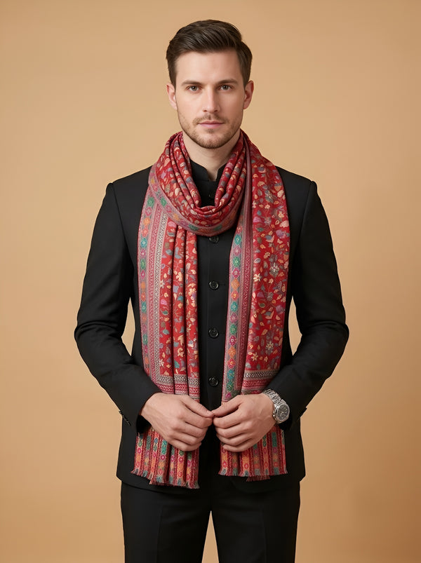 Reserve Mens All-Over Kalamkari Floral Print Bamboo Silk Red Stole