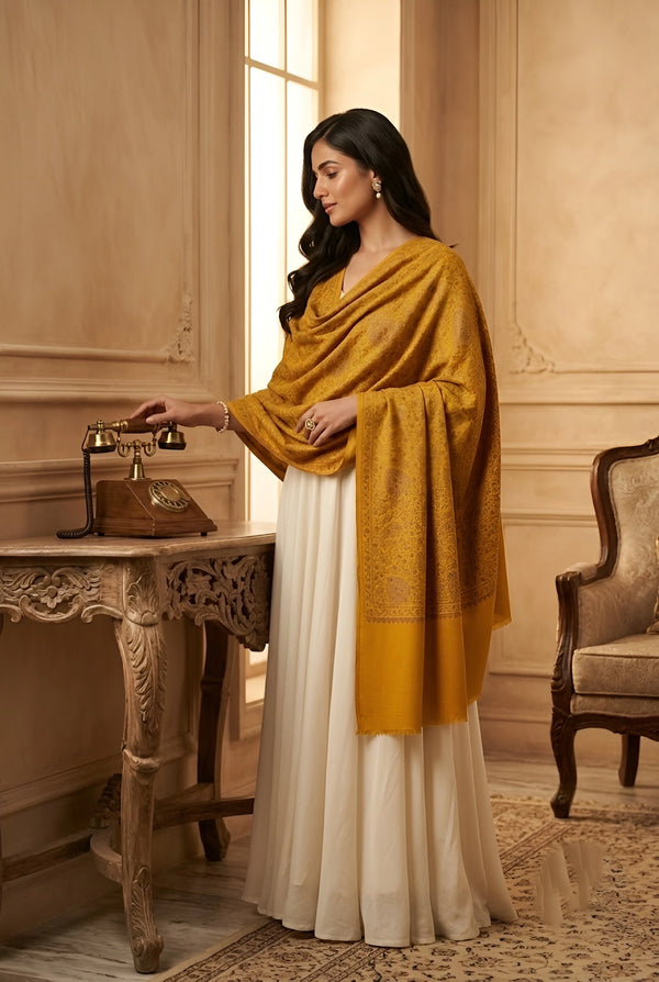 Naqsh-e-Kashmir Sozni Jaal Embroidered Yellow Shawl | Traditional Kashmiri Wool Blend