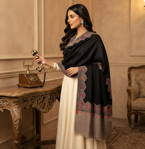 Naqsh-e-Kashmir Woven Kani Jacquard Black Shawl with Solid Panel & Traditional Border