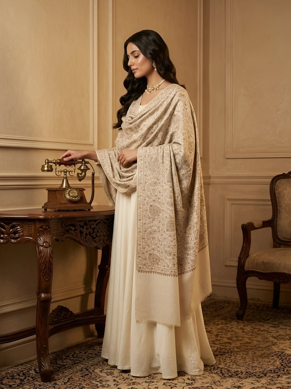 Naqsh-e-Kashmir Sozni Jaal Embroidered Beige Shawl | Traditional Kashmiri Wool Blend