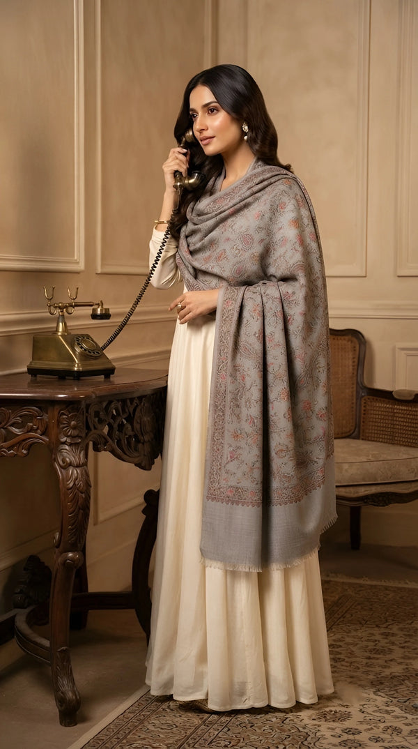 Naqsh-e-Kashmir Inspired Jamawar Floral Paisley Vine Wool Blend Grey Shawl