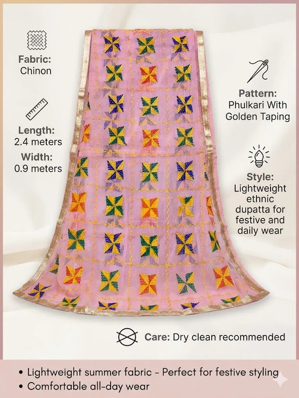 Chinon Phulkari Women Pink Dupatta with Traditional Motif Work & Tape Border