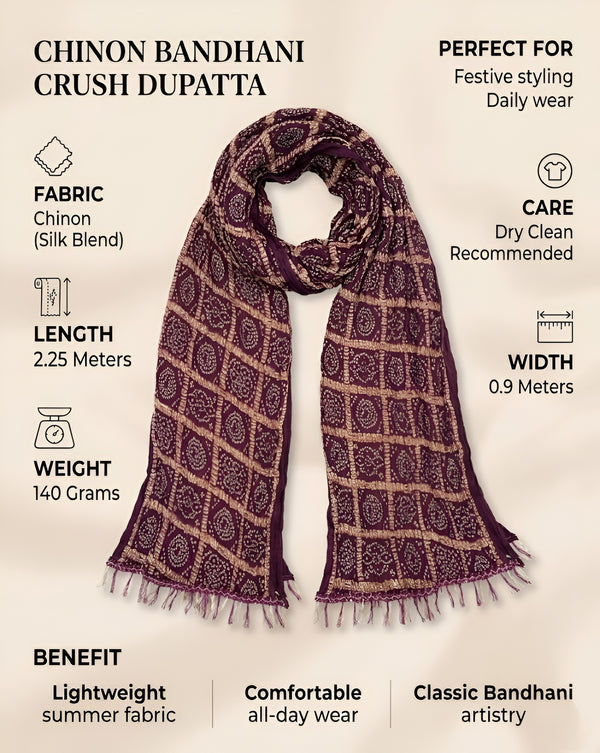 Chinon Bandhani Print Crush Women Wine Dupatta with Traditional Motif Grid Design & Tassel Detailing