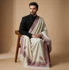 Mir-e-Khas Men's Kashmir-Inspired Kani Paisley & Geometric Border Wool Blend White Shawl