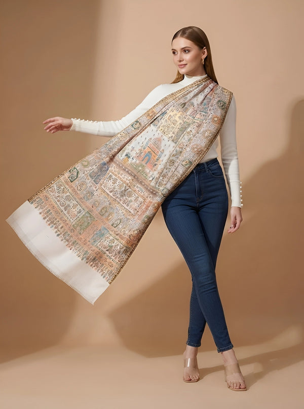 Regal Kani Weave Mughal Architecture & Floral Garden Wool Blend White Stole