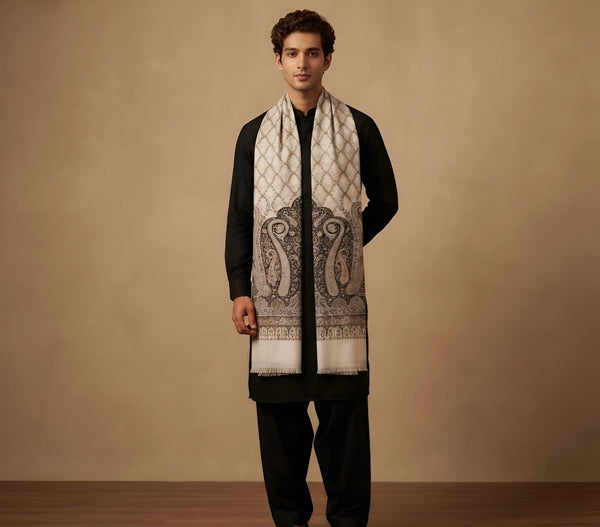 Mir-e-Khas Men's Kashmir-Inspired Paisley Jacquard White Shawl with Kani Floral Border