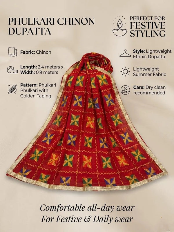 Chinon Phulkari Women Red Dupatta with Traditional Motif Work & Tape Border