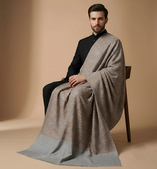 Mir-e-Khas Kashmiri Sozni Jaal Grey Shawl for Men – Wool Blend