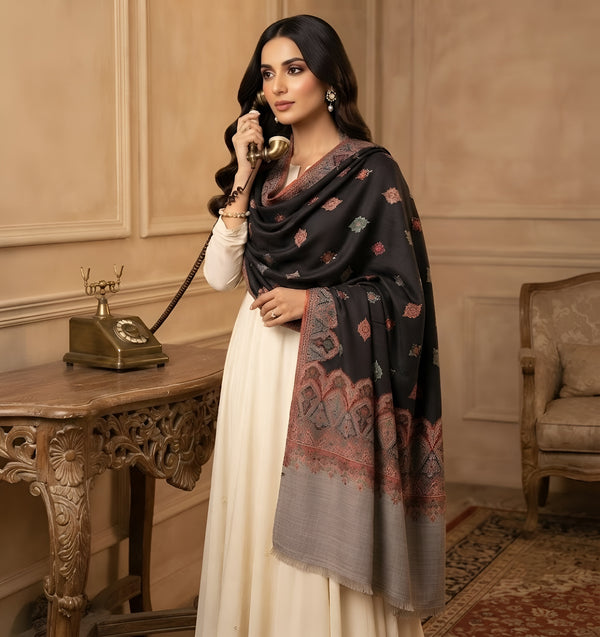 Naqsh-e-Kashmir Woven Kani Jacquard Black Shawl with All-Over Buttis & Solid Panel