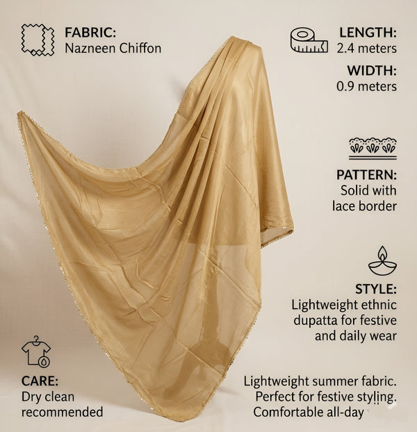 Nazneen Chiffon Mens Dupatta – Solid Gold with Elegant Lace Border