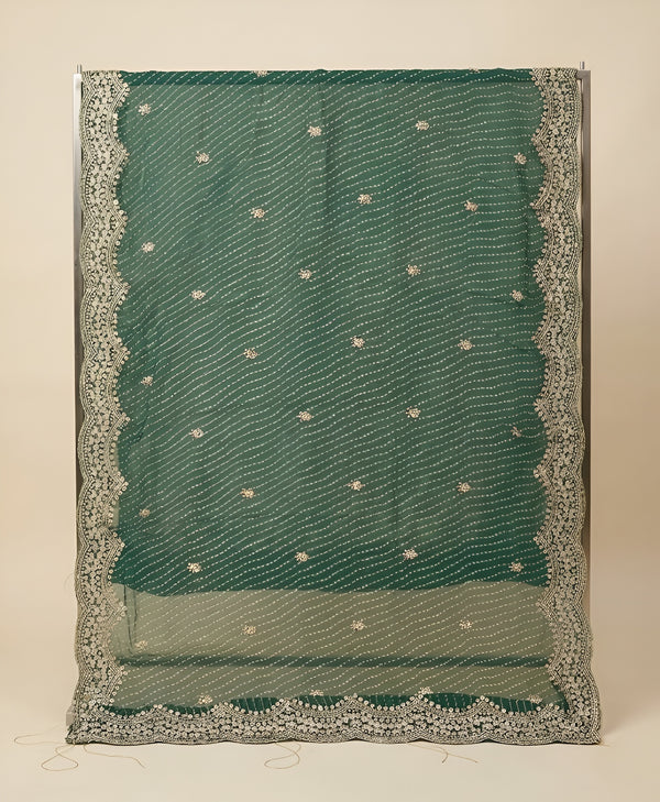 Georgette Leheriya Women Green Dupatta with Embroidered Scallop Border & Butti Work