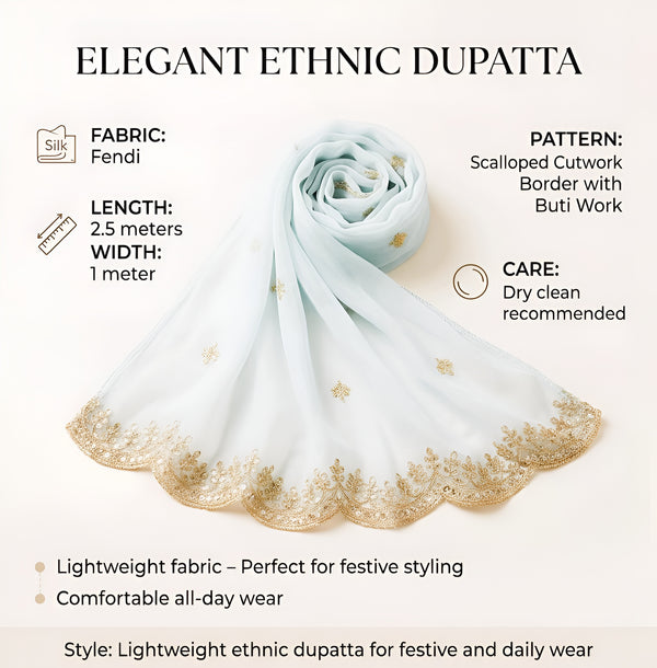 White Organza Women Dupatta – Scalloped Cutwork Border with Buti Work