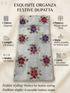 Luxe Organza Womens White Dupatta with Floral Brush Print Embellishment