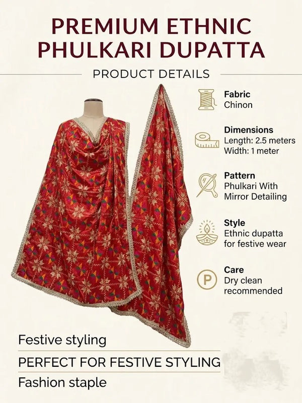 Luxe Chinon Women Phulkari Red Dupatta with Lace Border & Traditional Motif Work
