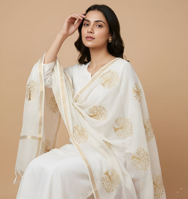 Elegant Off White Cotton Zari Buta Dupatta | Lightweight Ethnic Drape