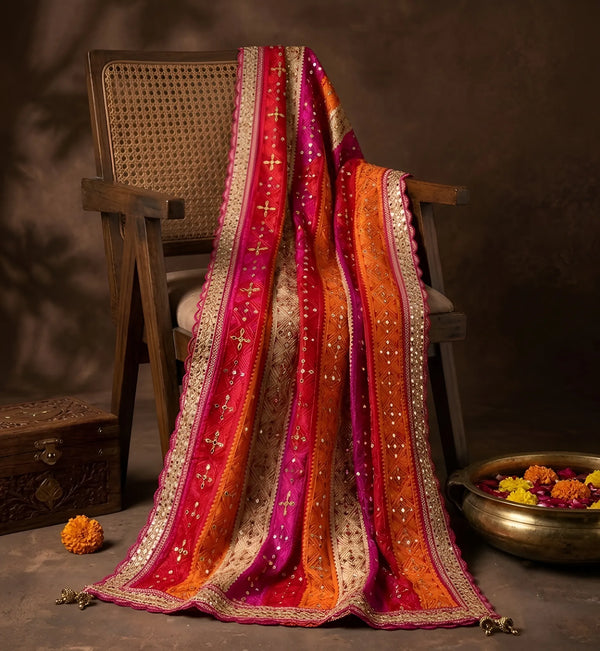 Luxe Chinon Multicolour Mirror Work Embroidered Phulkari Dupatta with Scalloped Lace Border