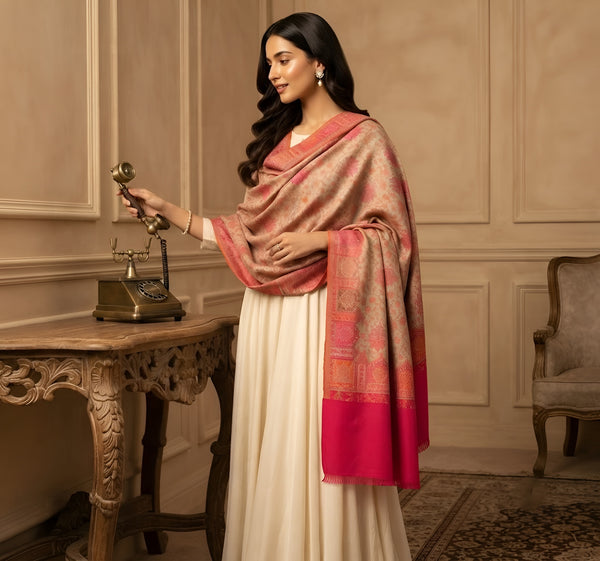 Naqsh-e-Kashmir Woven Kani Jacquard Floral Shawl with Traditional Pink Border & Panel
