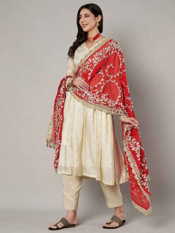 Red Georgette Dupatta with Hand Gota Patti Work (Size: 2.5x1 m Approx)