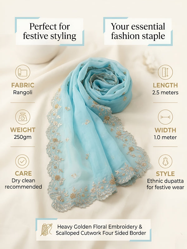Luxe Rangoli Women Blue Dupatta with 4 Side Scalloped Embroidered Border & Buti Embellishment