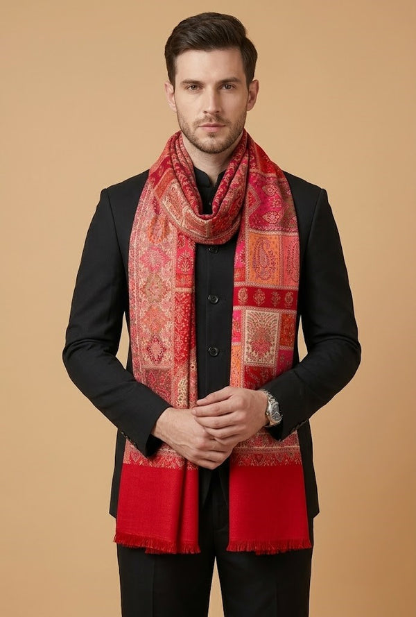 Noble Mens Patchwork Kani Jacquard Woven Red Stole